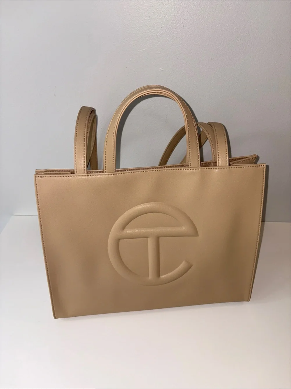 Telfar Medium Cream Beige Shopping Bag Tote Leather Shoulder Neutral